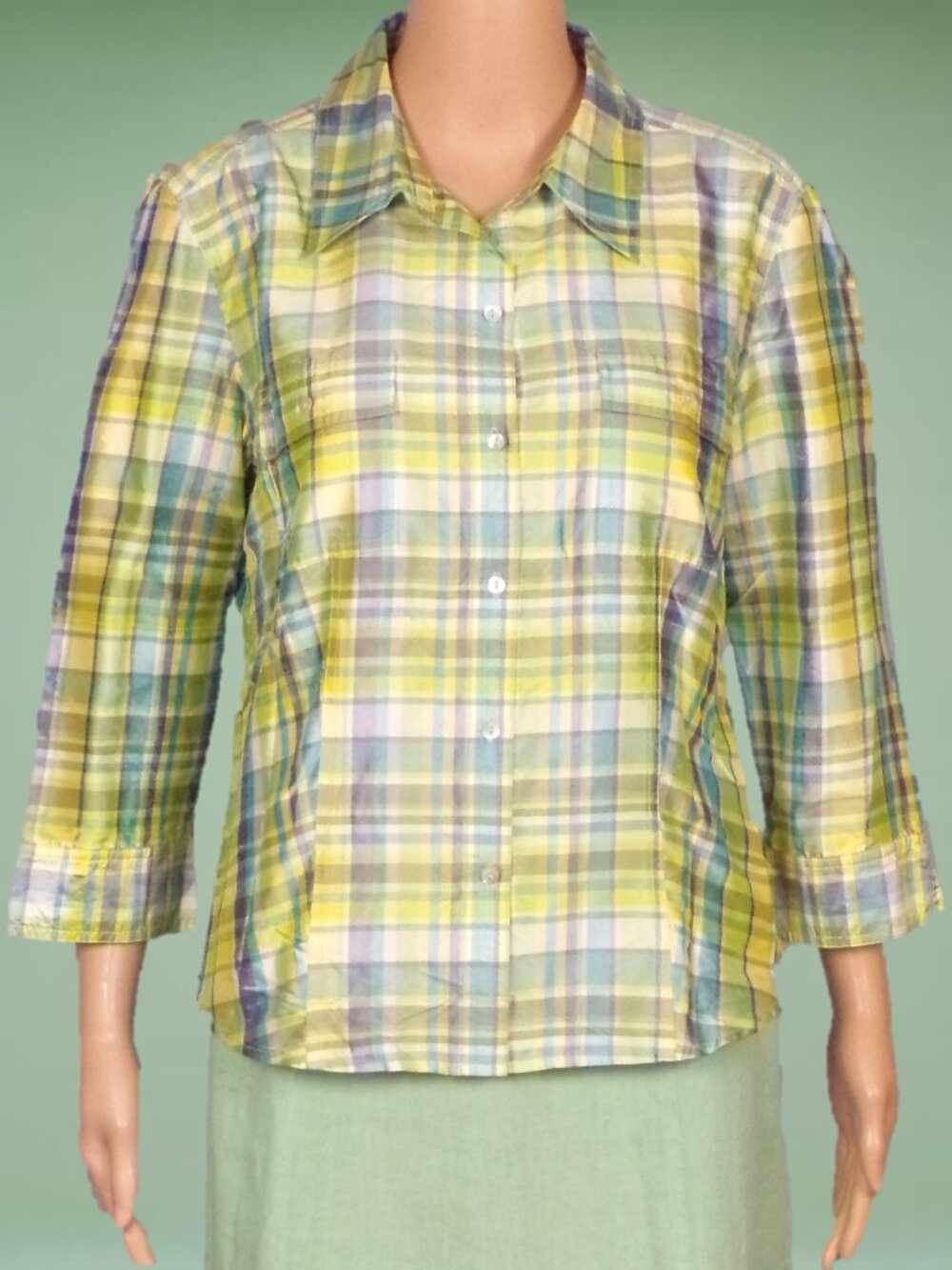 SILK! SPENSER JEREMY size 10 multicolor plaid long-sleeve blouse 100% silk DC